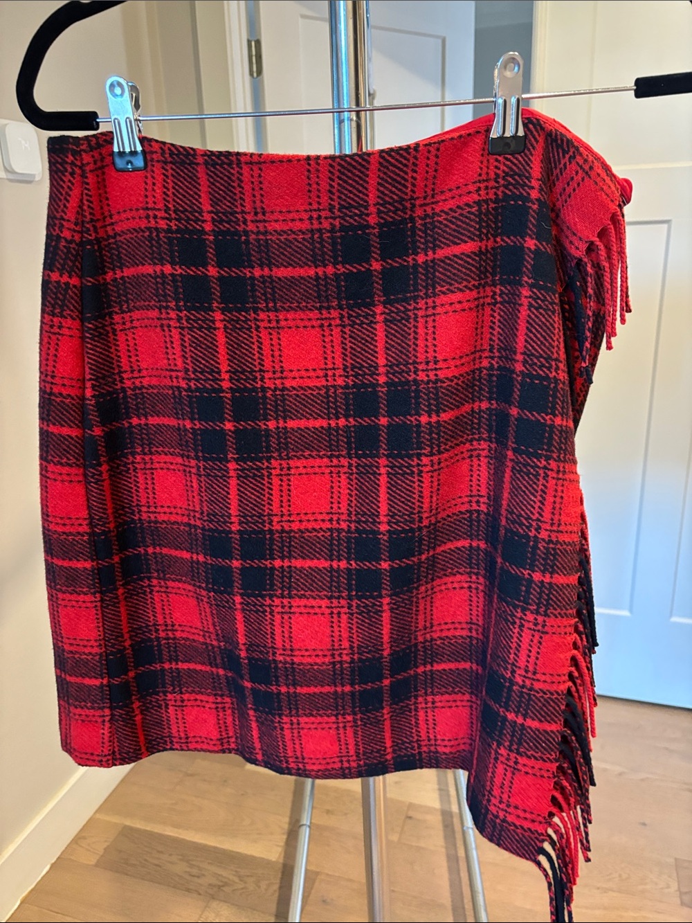 LOFT Red and Black Plaid Fringe Mini Skirt